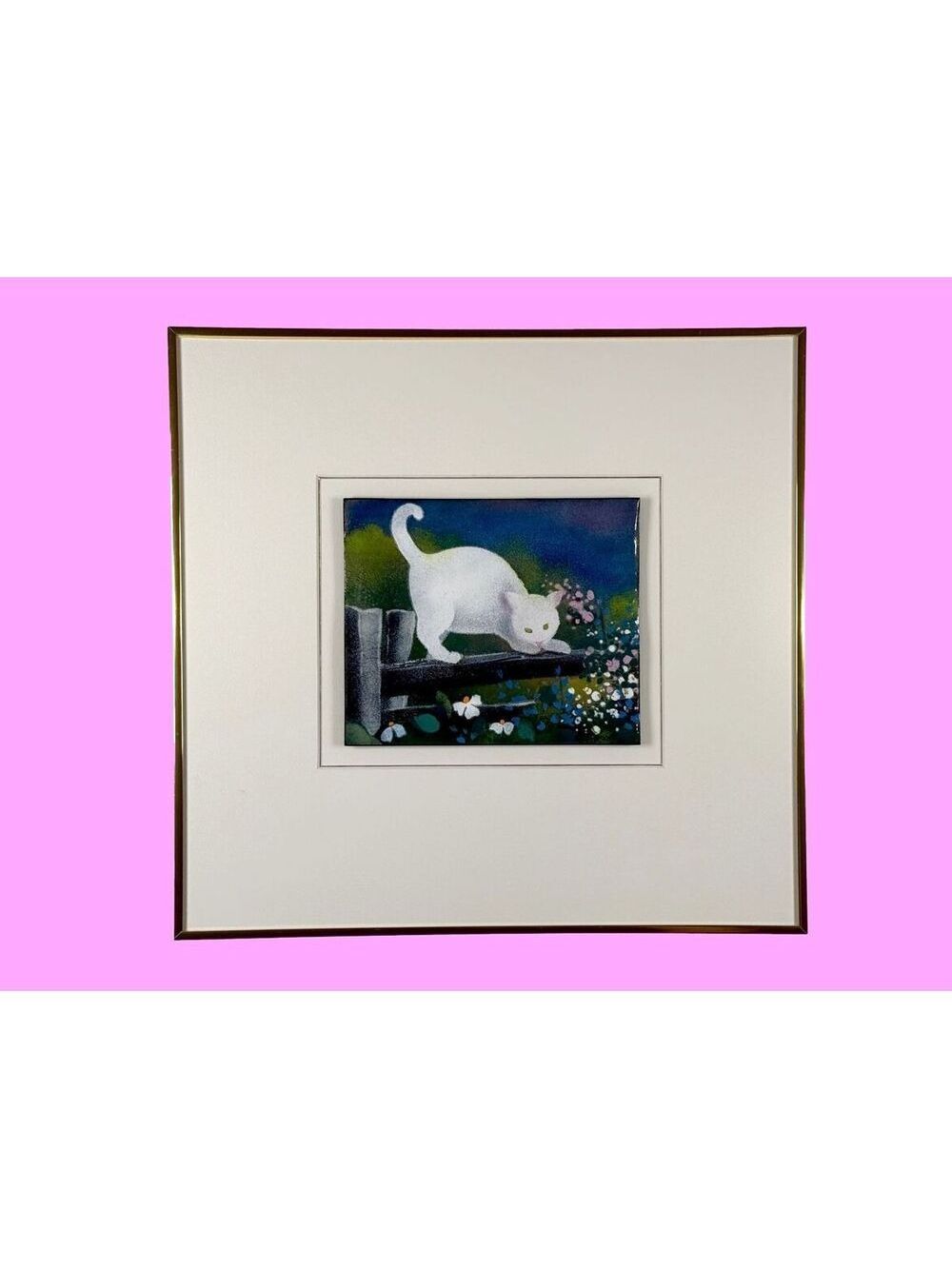 Clémence Dupont Enamel on Copper Painting White Cat Floral Cottagecore Art